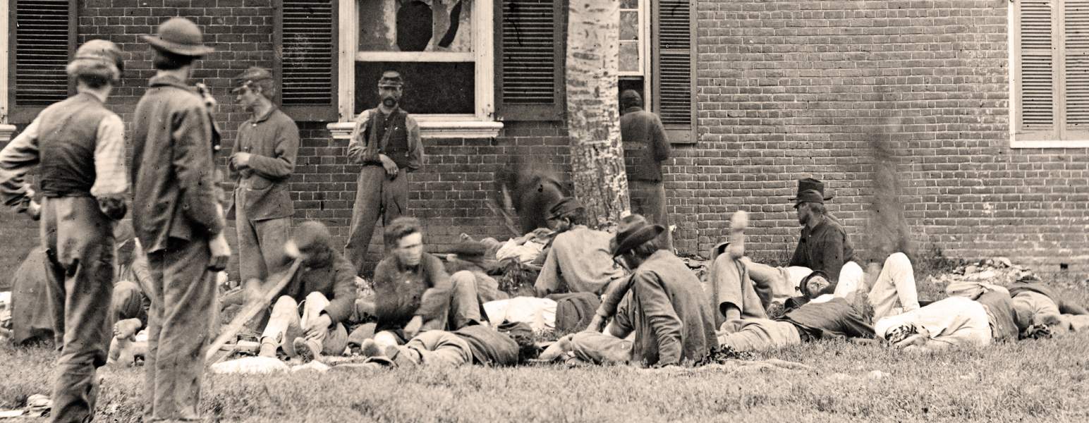 Union Wounded from Battle of Wilderness outside Field Hospital, near Fredericksburg, Virginia, May 1864, zoomable image