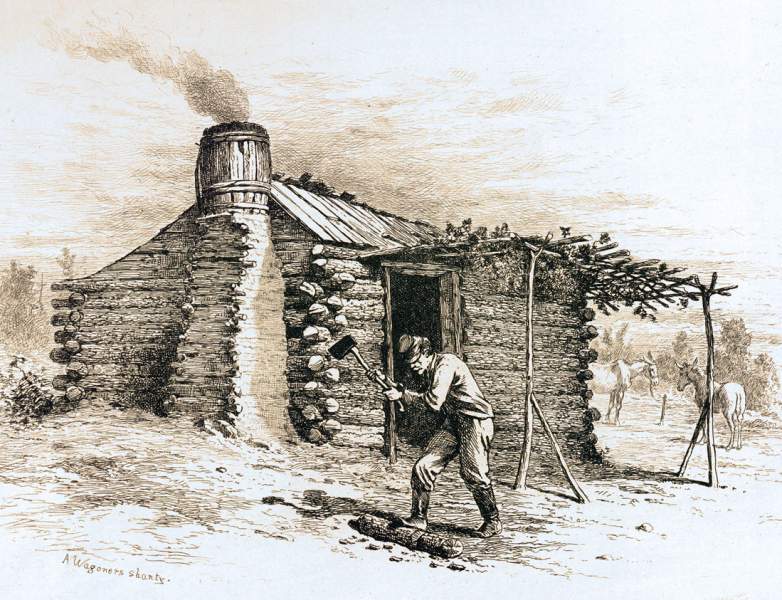 "Winter Camp - A Wagoner's Shanty," Edwin Forbes, copper plate etching, 1876