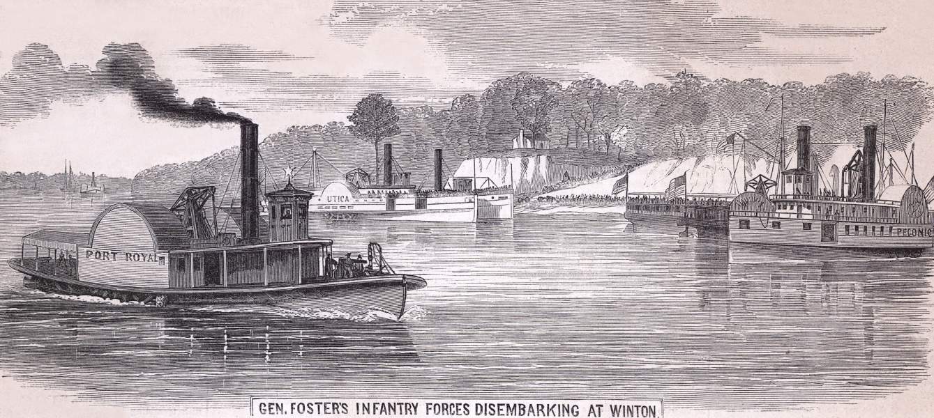 Union infantry disembarking at Winton, North Carolina, July 26, 1863, artist's impression, zoomable image