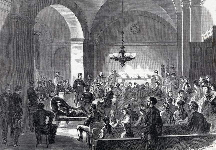 Trial of Captain Henry Wirz, Court of Claims, Washington, D.C., October 1865, artist's impression, zoomable image