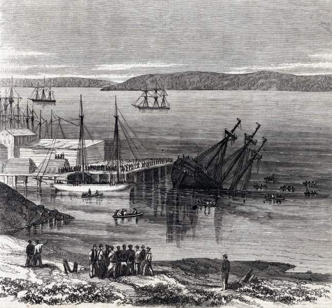 Wreck of the S.S. Aquila, San Francisco, California, 1863, artist's impression.
