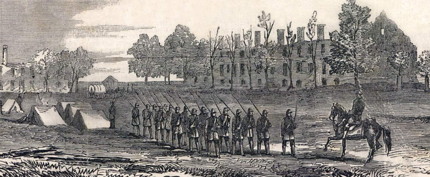 Ruins of Carlisle Barracks, Carlisle, Pennsylvania, July 1863, artist's impression, detail, zoomable image