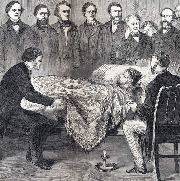 Abraham Lincoln on his deathbed, 10th Street, Washington, DC, April 14-15, 1865, artist's impression, detail