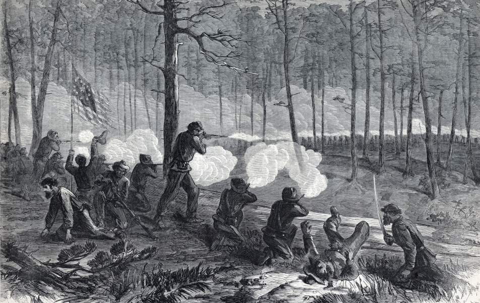 Fighting from the Union entrenchments, Battle of Ezra Church, Virginia, July 28, 1864, artist's impression, zoomable image