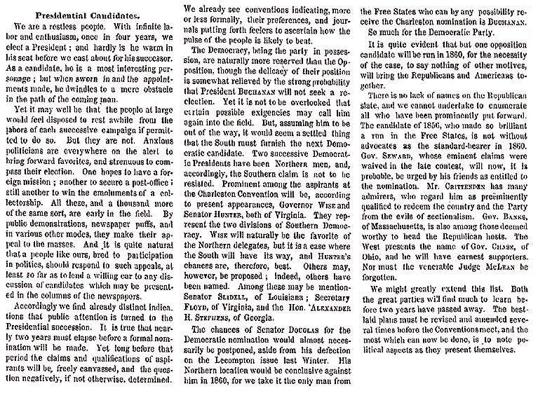 "Presidential Candidates," New York Times, July 14, 1858