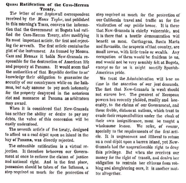 "Quasi Ratification of the Cass-Herran Treaty," New York Times, July 28, 1858