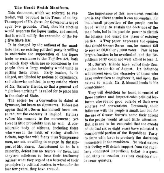 "The Gerrit Smith Manifesto," New York Times, July 22, 1858