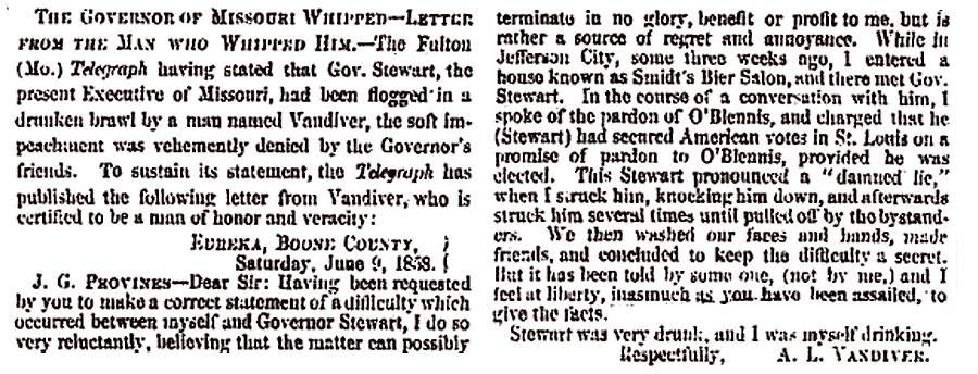“The Governor of Missouri Whipped,” San Francisco (CA) Evening Bulletin, August 5, 1858