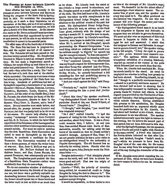 "The Passage at Arms between Lincoln and Douglas in 1854," Chicago (IL) Press and Tribune, July 1, 1858