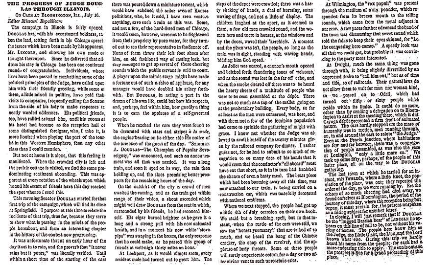 "The Progress of Judge Douglas Through Illinois," (St. Louis) Missouri Republican, July 19, 1858