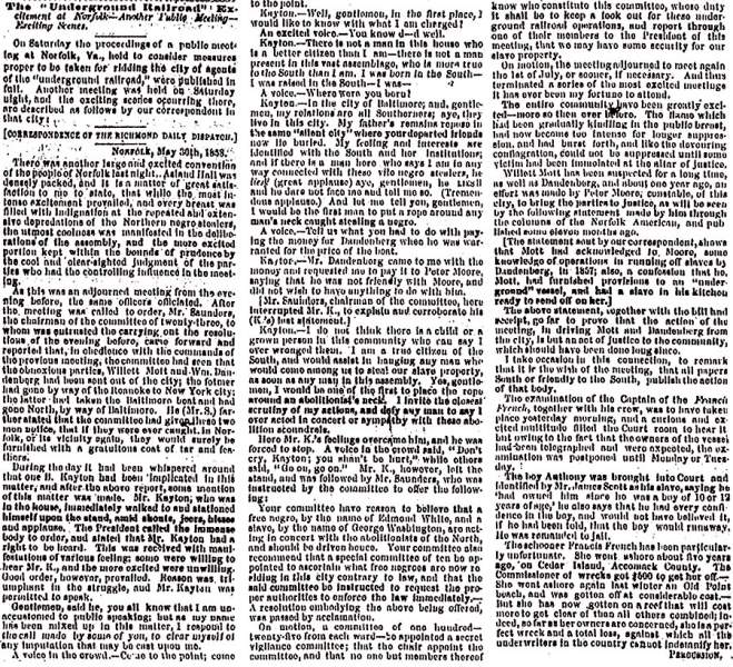"The Underground Railroad," Richmond (VA) Dispatch, June 1, 1858