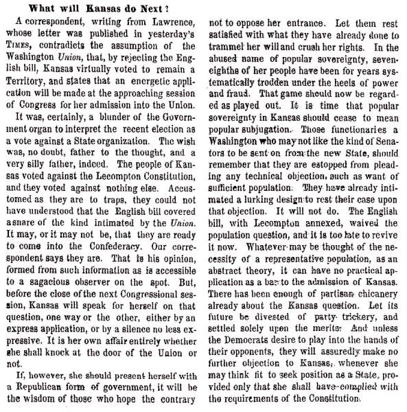 “What will Kansas do Next?,” New York Times, August 31, 1858
