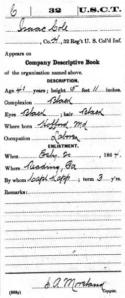 Union Private Isaac Cole, Military Service Records, Company Descriptive Book