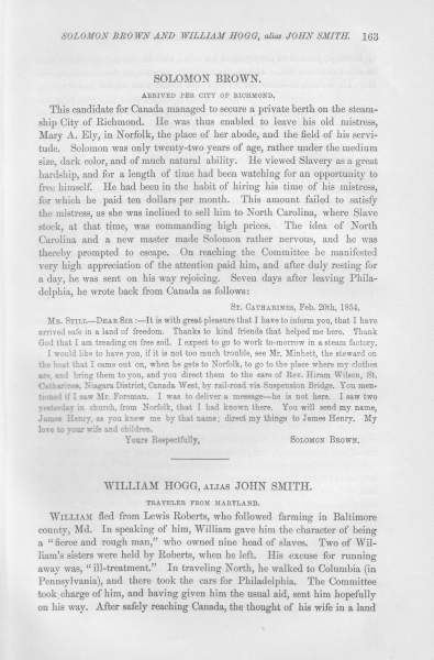 Solomon Brown to William Still, February 20, 1854