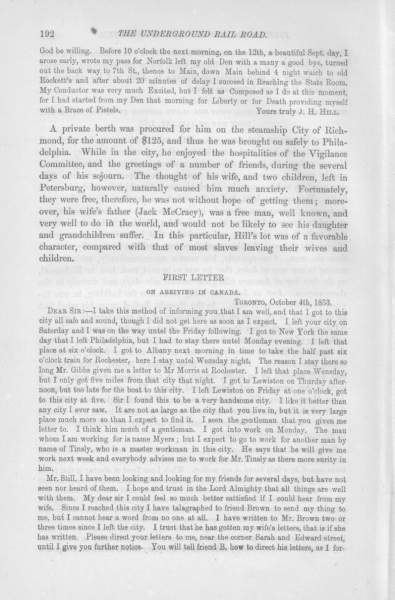 John Henry Hill to William Still, October 4, 1853 (Page 1)
