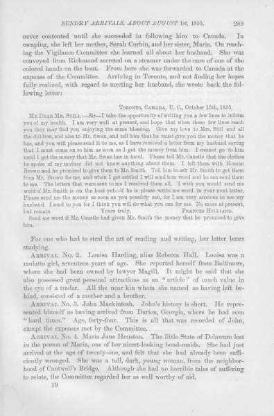 Frances Hilliard to William Still, October 15, 1855