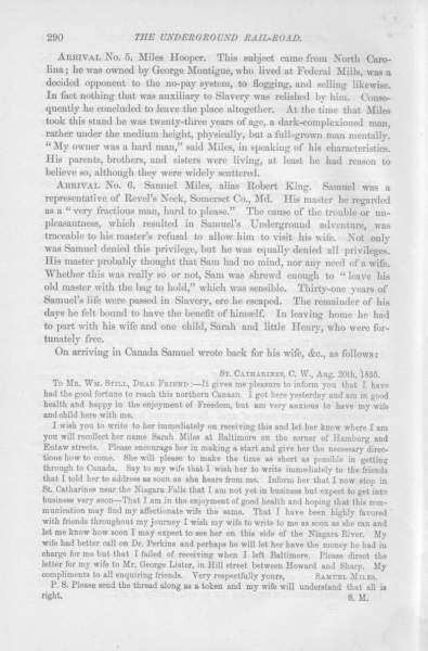 Samuel Miles to William Still, August 20, 1855