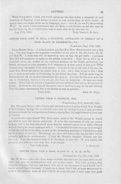 John Henry Hill to William Still, September 15, 1856