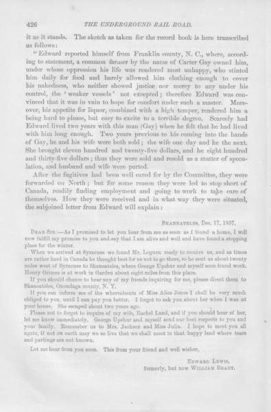William Brady to William Still, December 17, 1857