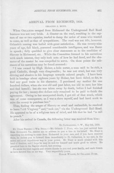 Hiram Wilson and Orlando J. Hunt to William Still, May 6, 1858
