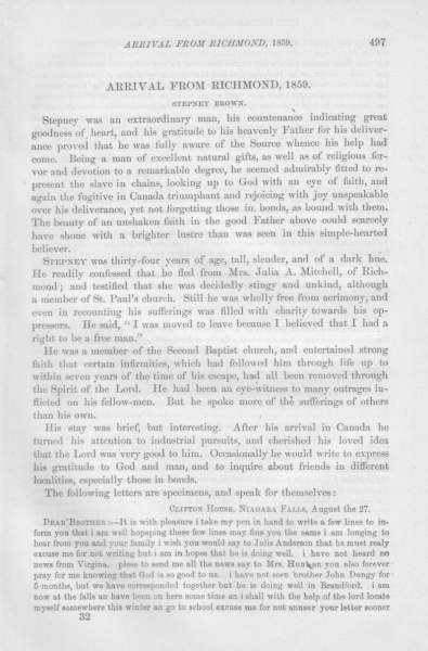 Stepney Brown to William Still, August 27, 1859 (Page 1)