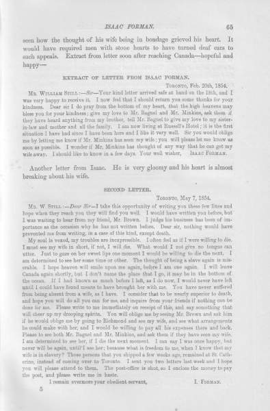 Issac Forman to William Still, February 20, 1854
