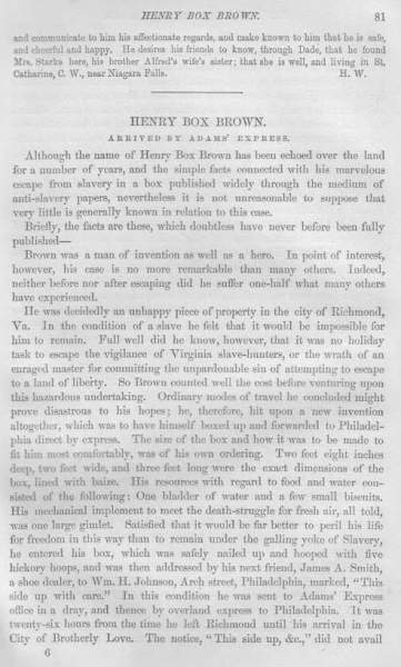 William Still Recalls "Box" Brown's Escape (Page 1)