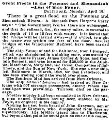 “Great Floods in the Potomac and Shenandoah,” New York Times, April 20, 1852