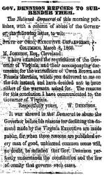 “Gov. Dennison Refuses to Surrender Them,” Cleveland (OH) Herald, March 10, 1860