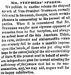 “Mr. Stephens’ Speech,” Memphis (TN) Appeal, March 29, 1861