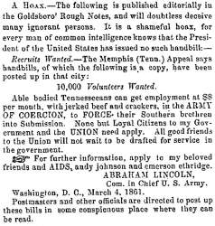 "A Hoax," Fayetteville (NC) Observer, April 4, 1861