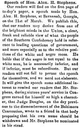 “Speech of Hon. Alex H. Stephens,” Newark (OH) Advocate, April 19, 1861