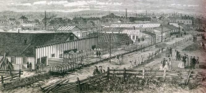First Avenue, Corry, Pennsylvania, April 1867, artist's impression.
