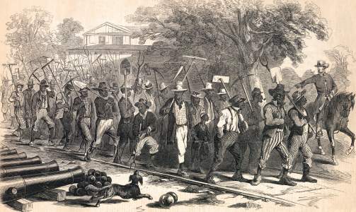 "Morning Mustering of the 'Contraband' at Fortress Monroe," October 1861, artist's impression, zoomable image