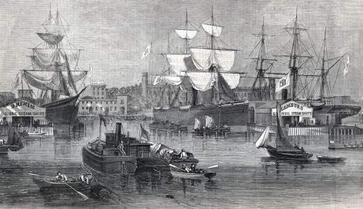 Hamburg-American and North German Lloyd docks, Hoboken, New Jersey, September, 1865, artist's impression, detail