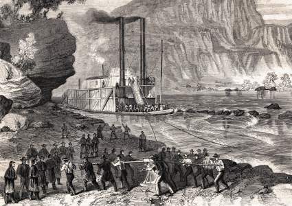 Union re-supply steamboat "Paint Rock" on the Tennessee River, January, 1864, artist's impression