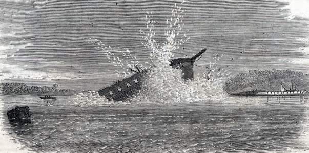Blowing up of H.M.S. Terpsichore during torpedo experiments, Chatham, Kent, 1865, artist's impression