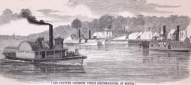 Union infantry disembarking at Winton, North Carolina, July 26, 1863, artist's impression, zoomable image