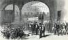 President Andrew Johnson embarking at Jersey City, New Jersey for the ferry to New York City, August 29, 1866, artist's impression.