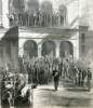 Former Confederate President Jefferson Davis outside the courthouse in Richmond, Virginia, following his release on bail, May 13, 1867, artist's impression, zoomable image.