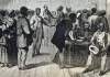Court in session, Freedmen's Bureau offices, Richmond, Virginia, summer 1866, artist's impression, detail.