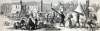 Constructing shelter for the citizens of Quebec made homeless in the great fire of October 14, 1866, artist's impression, zoomable image.