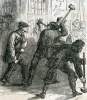 Mob breaking into a jail to lynch three men in Lebanon, Kentucky, September 24, 1866, artist's impression.