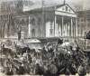 Traffic chaos on Broadway, New York City, after the laying of crossing train lines, October 29, 1866, artist's impression.